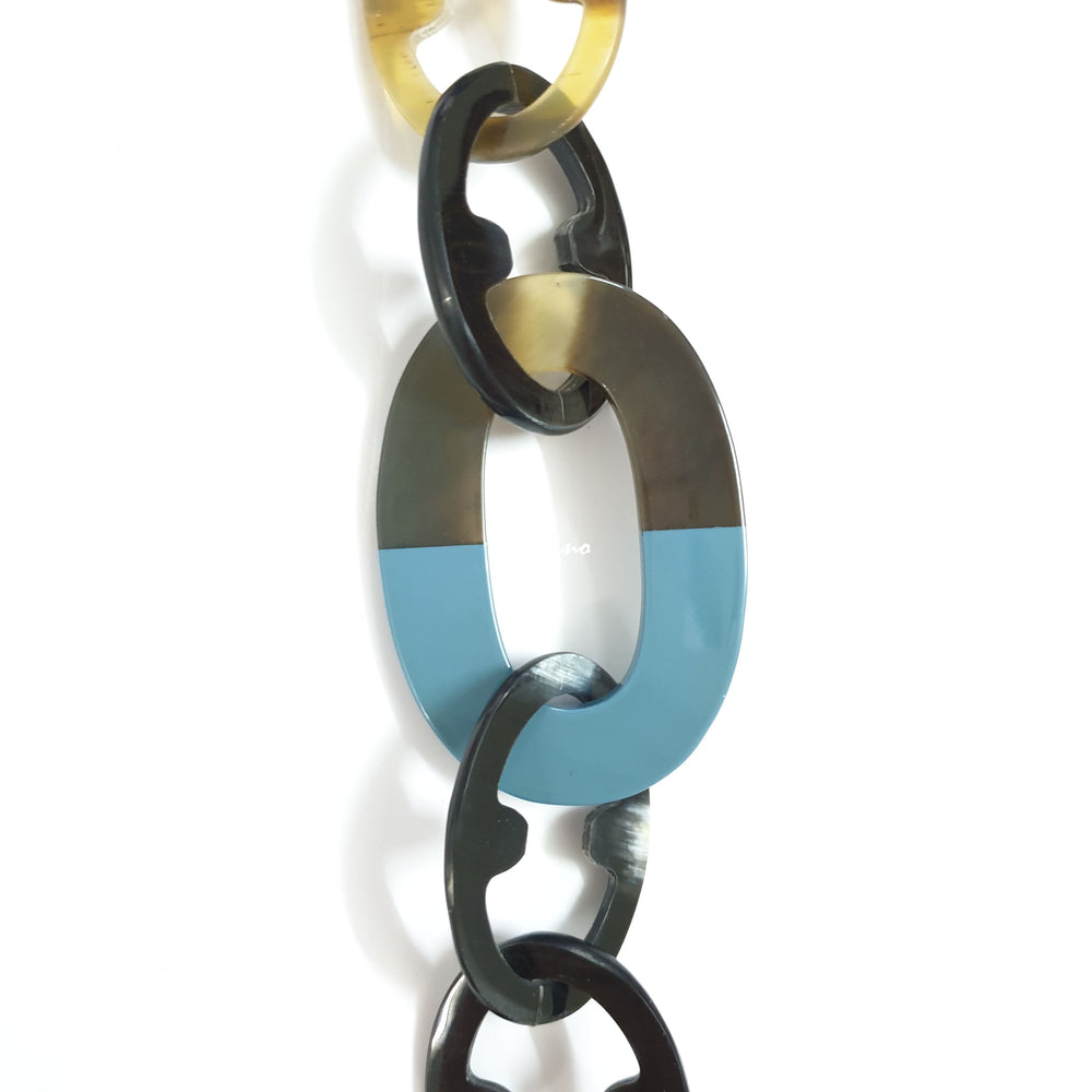 
                  
                    unique handmade Bohemian long chain link necklace features black and blue in natural buffalo horn 
                  
                