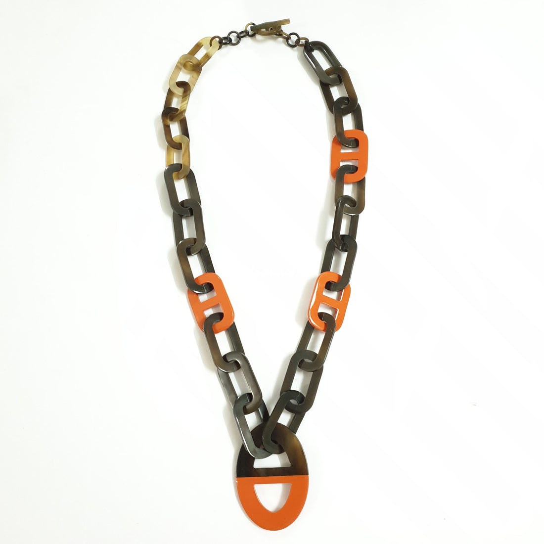 unique handmade Bohemian D-shaped chain link necklace features brown and orange in natural buffalo horn for women's gifts