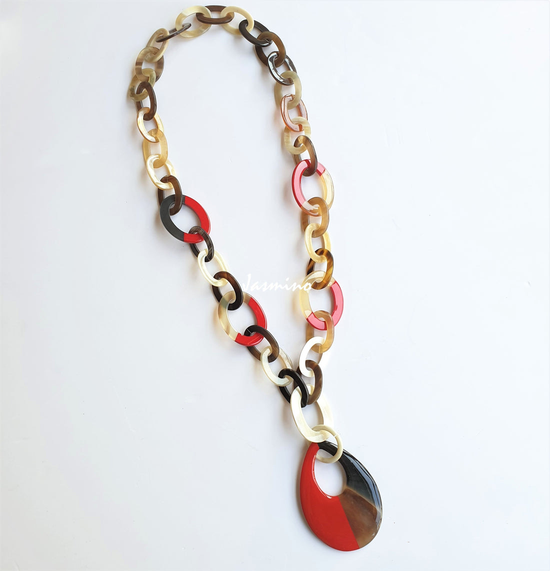 Jasmino unique handmade Vintage chain link necklace features red and white in natural buffalo horn for women