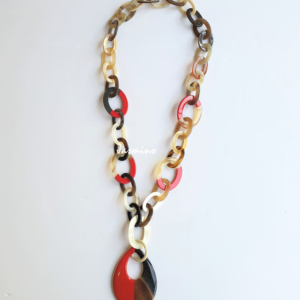 
                  
                    Jasmino unique handmade Vintage chain link necklace features red and white in natural buffalo horn for women
                  
                