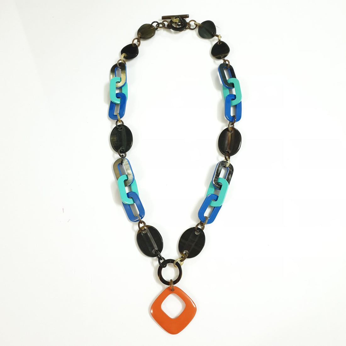 Jasmino unique handmade chain link necklace features blue and orange in natural buffalo horn for women's gifts 