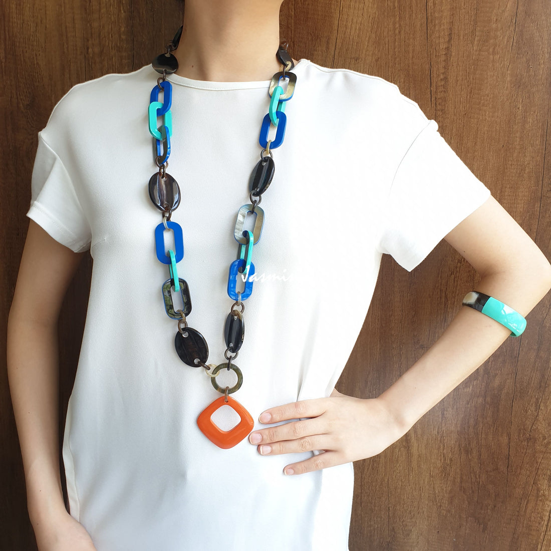 Jasmino unique handmade chain link necklace features blue and orange in natural buffalo horn for women's gifts