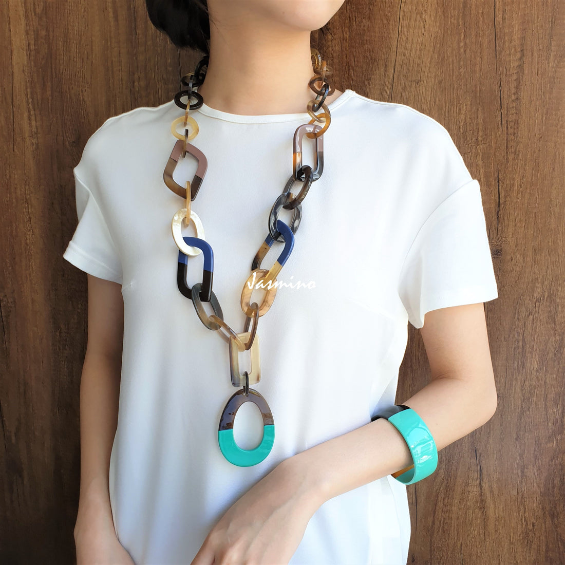 Jasmino unique handmade Bohemian chain link necklace features blue and turquoise in natural buffalo horn for women's gifts