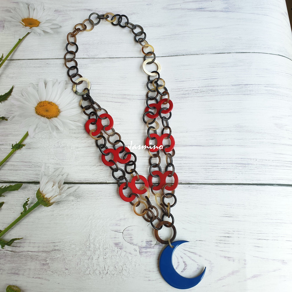 
                  
                    Jasmino unique handmade chain link necklace features a blue crescent moon pendant jewelry accessory in natural buffalo horn for women 
                  
                