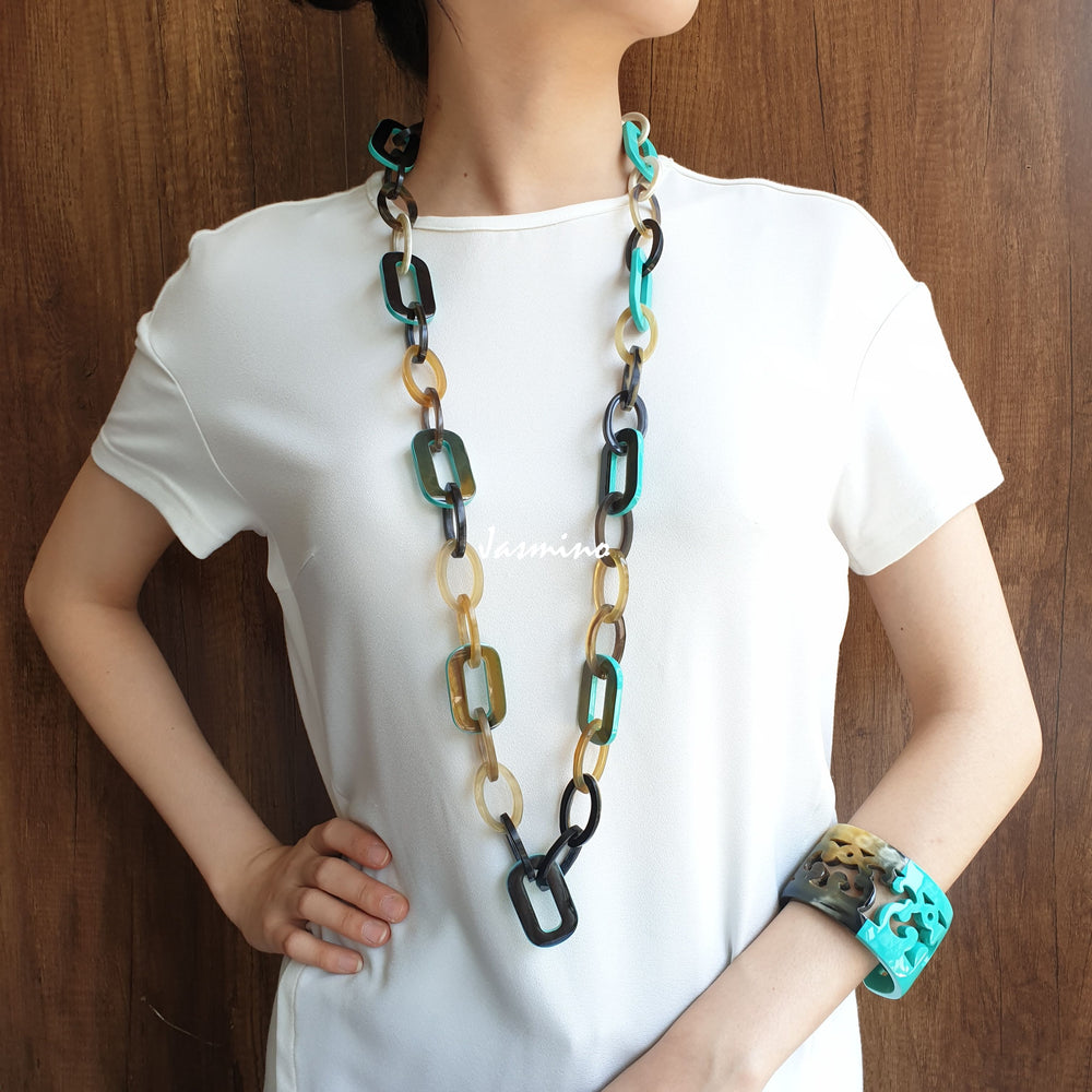 
                  
                    Jasmino unique handmade Vintage turquoise chain link necklace and bangle bracelet jewelry accessory in natural buffalo horn for women
                  
                