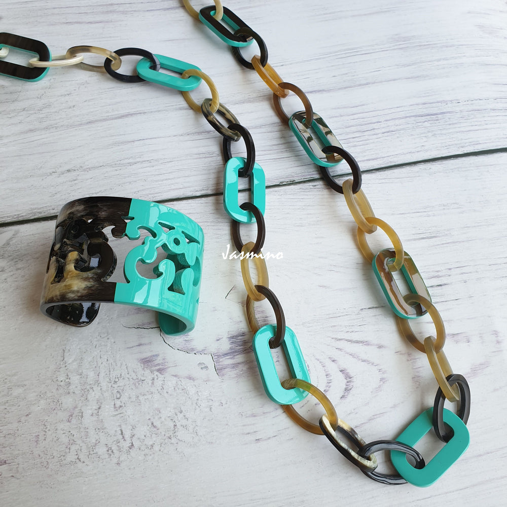 
                  
                    Jasmino unique handmade Vintage turquoise chain link necklace and bangle bracelet jewelry accessory in natural buffalo horn for women
                  
                