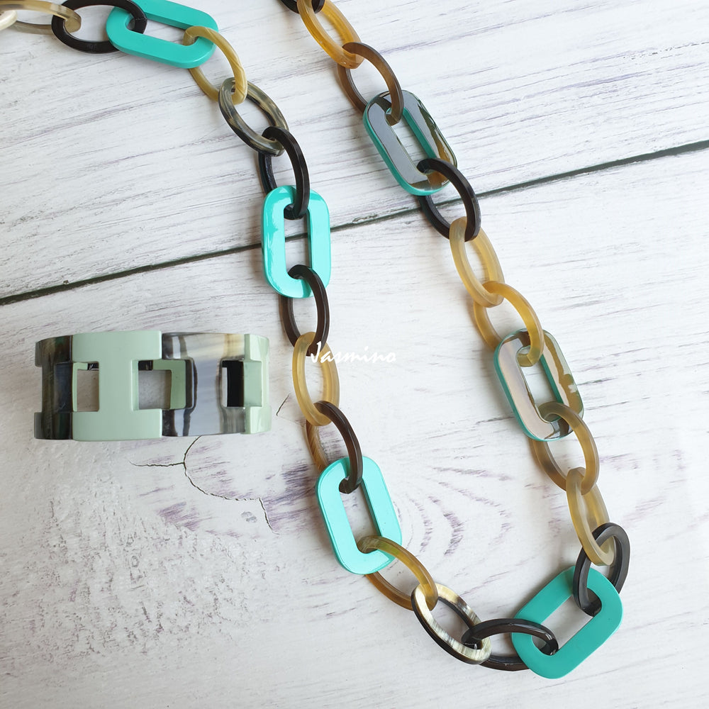 
                  
                    Jasmino unique handmade Vintage turquoise chain link necklace and bangle bracelet jewelry accessory in natural buffalo horn for women
                  
                