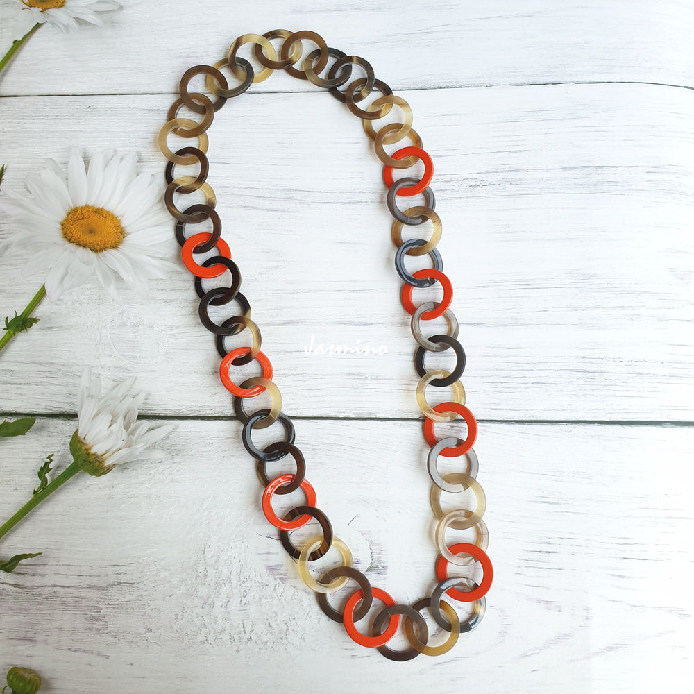 
                  
                    Jasmino unique handmade Bohemian chain link necklace features brown and orange in natural buffalo horn for women's gifts 
                  
                
