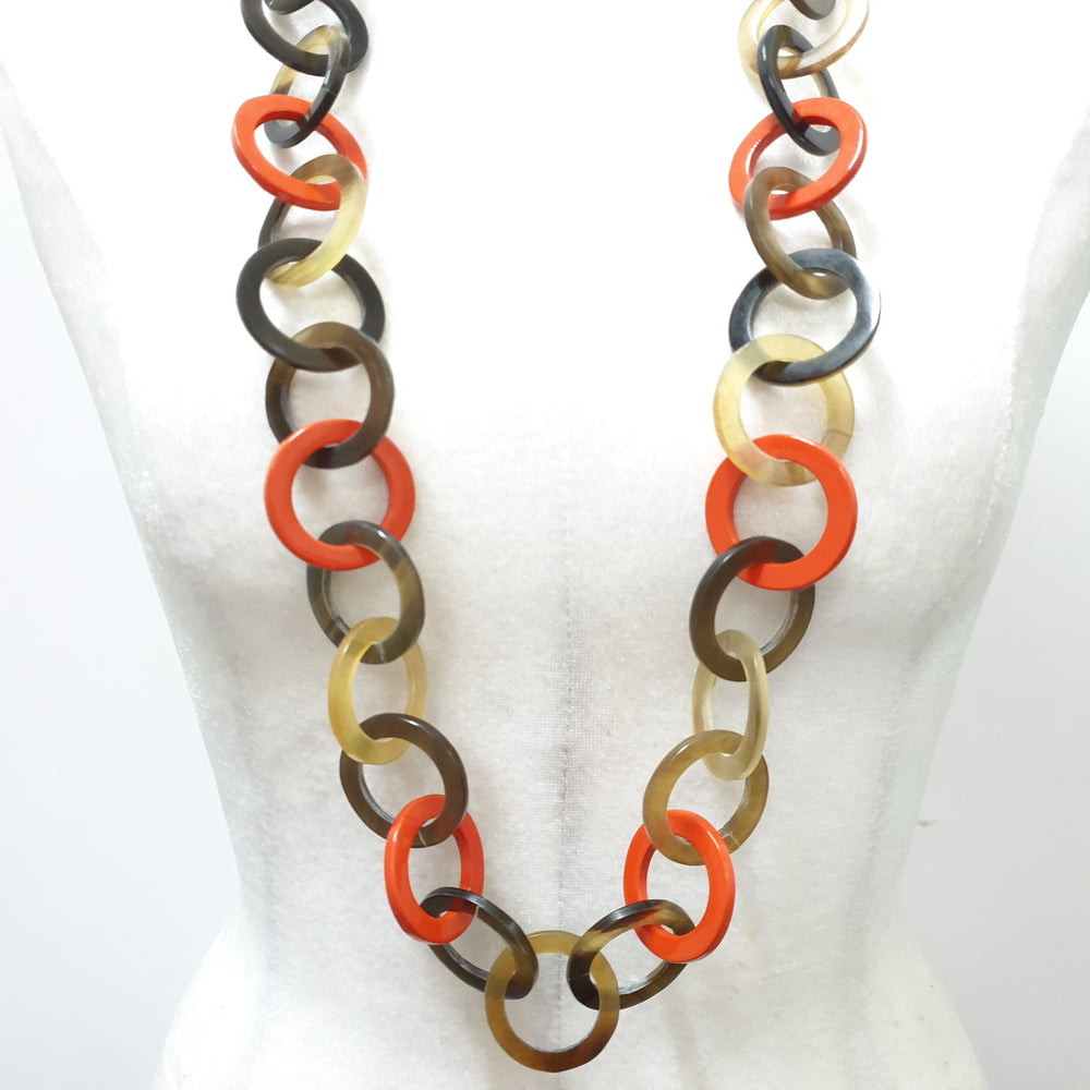 
                  
                    Jasmino unique handmade Bohemian chain link necklace features brown and orange in natural buffalo horn for women's gifts
                  
                