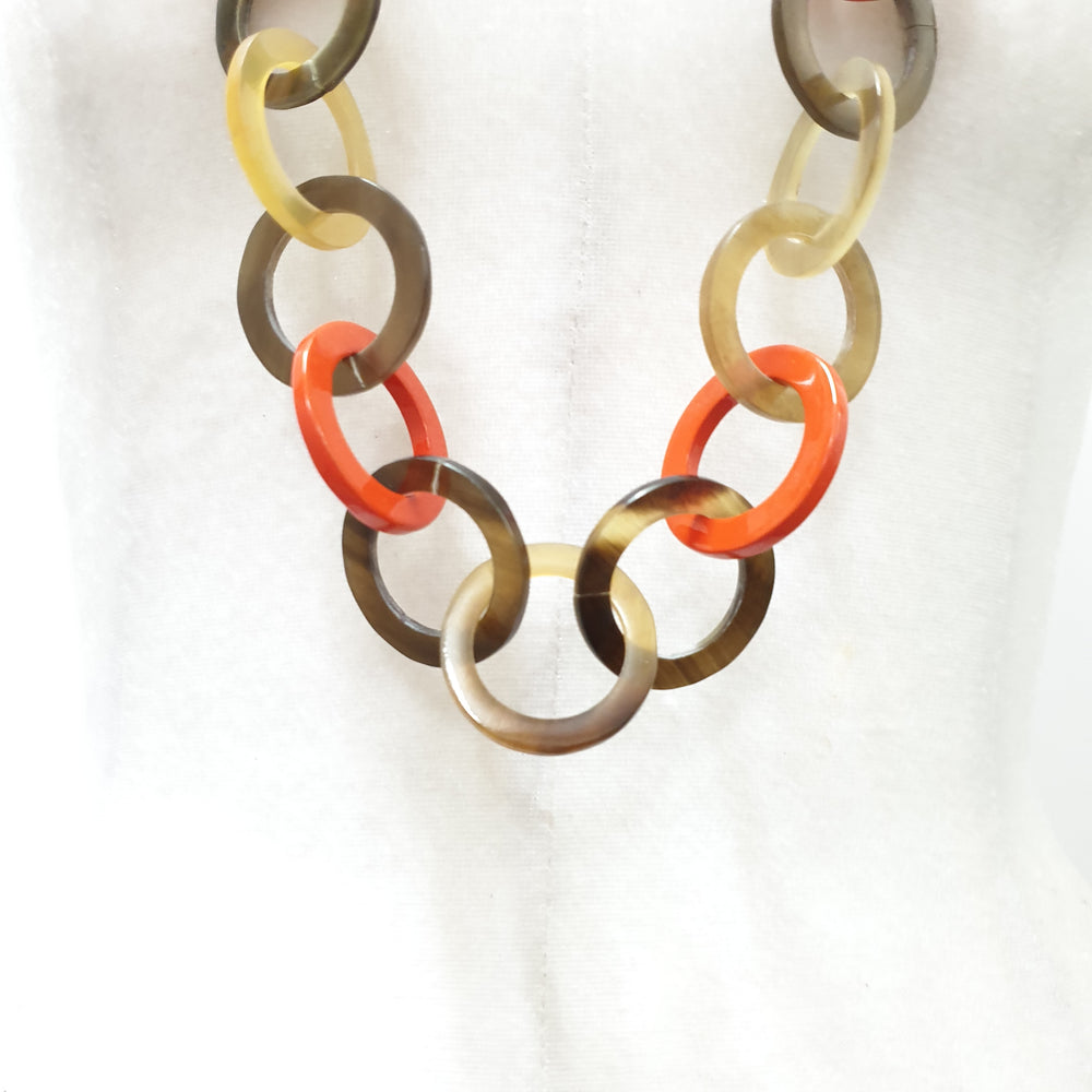 
                  
                    Jasmino unique handmade Bohemian chain link necklace features brown and orange in natural buffalo horn for women's gifts
                  
                