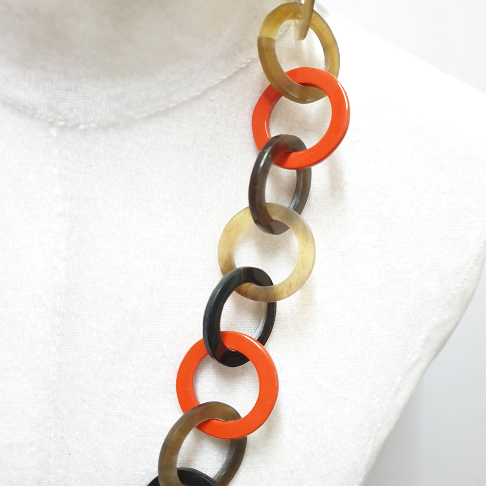 
                  
                    Jasmino unique handmade Bohemian chain link necklace features brown and orange in natural buffalo horn for women's gifts
                  
                