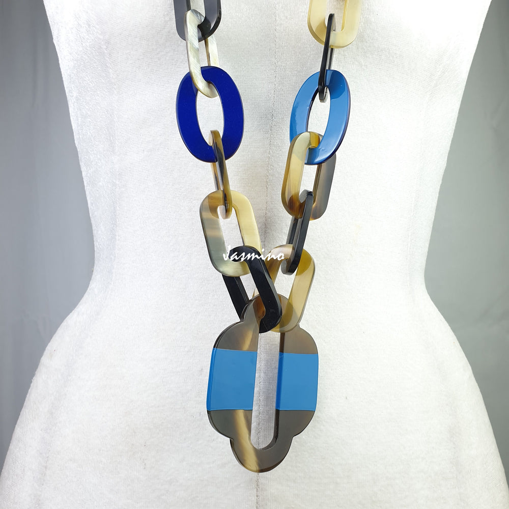 
                  
                    Jasmino unique handmade Bohemian chain link necklace and accessory features blue in natural buffalo horn for women
                  
                