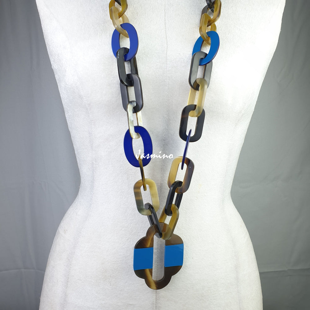 
                  
                    Jasmino unique handmade Bohemian chain link necklace and accessory features blue in natural buffalo horn for women
                  
                