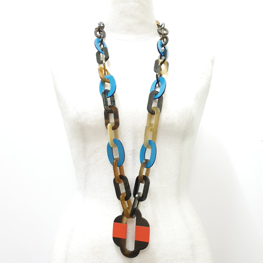 
                  
                    Jasmino unique handmade Bohemian chain link necklace and accessory features blue in natural buffalo horn for women
                  
                