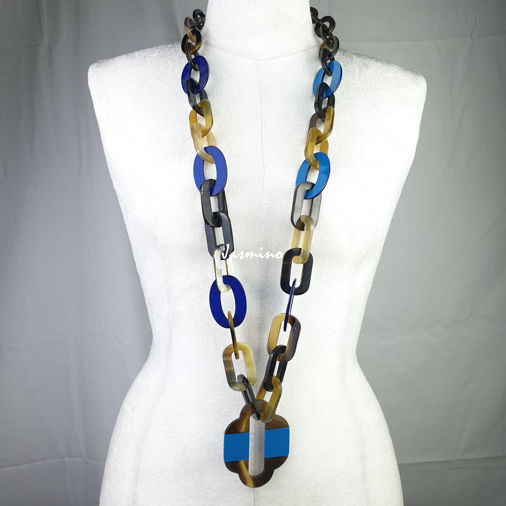 
                  
                    Jasmino unique handmade Bohemian chain link necklace and accessory features blue in natural buffalo horn for women
                  
                