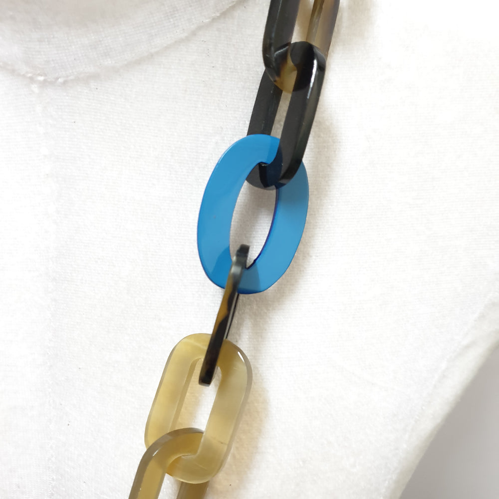 
                  
                    Jasmino unique handmade Bohemian chain link necklace and accessory features blue in natural buffalo horn for women
                  
                