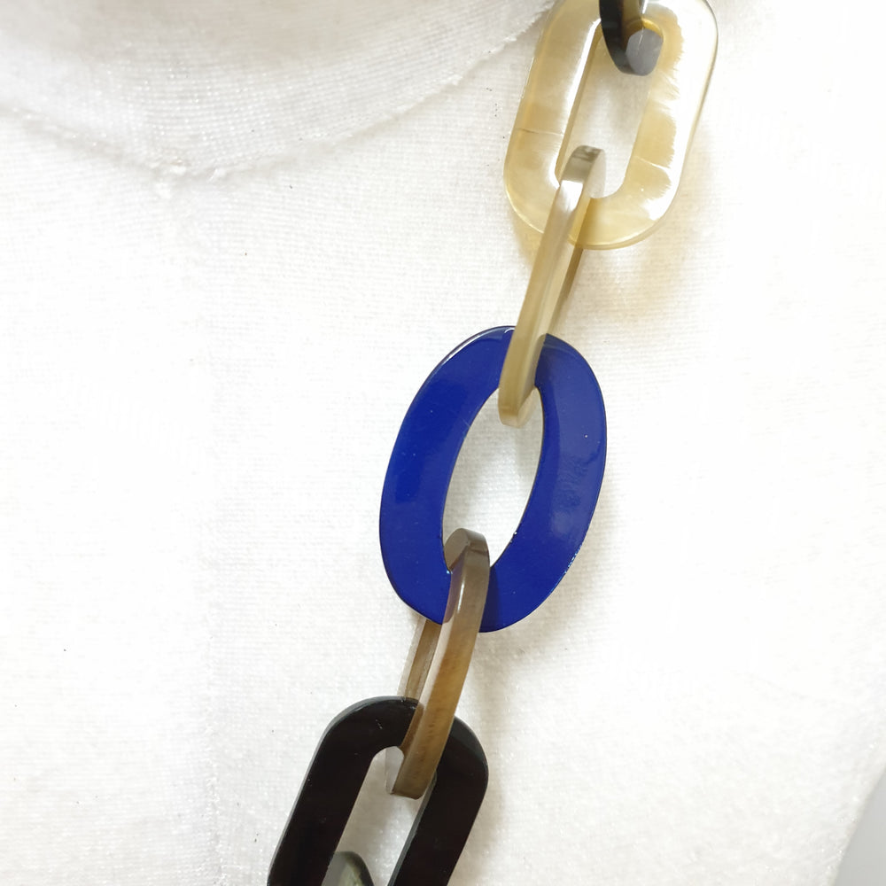
                  
                    Jasmino unique handmade Bohemian chain link necklace and accessory features blue in natural buffalo horn for women
                  
                