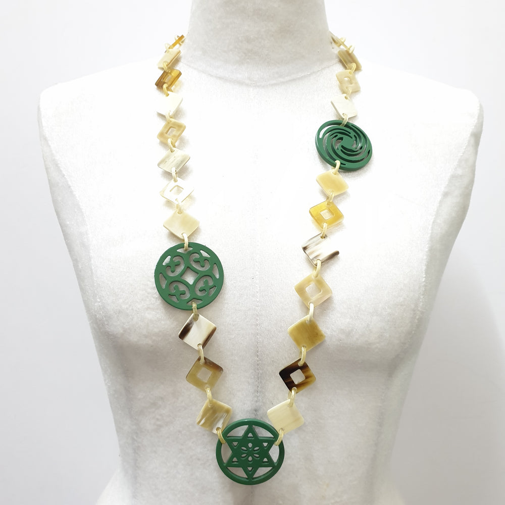 
                  
                    unique handmade Christmas diamond shaped necklace jewelry features green and white in natural buffalo horn
                  
                