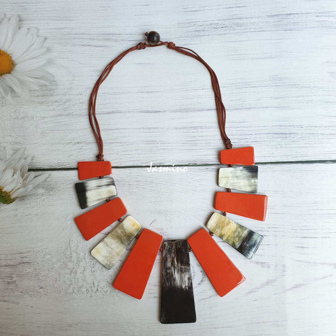 Jasmino unique handmade Bohemian Ethnic Vintage necklace features alternating rectangles with black and orange in natural buffalo horn for women