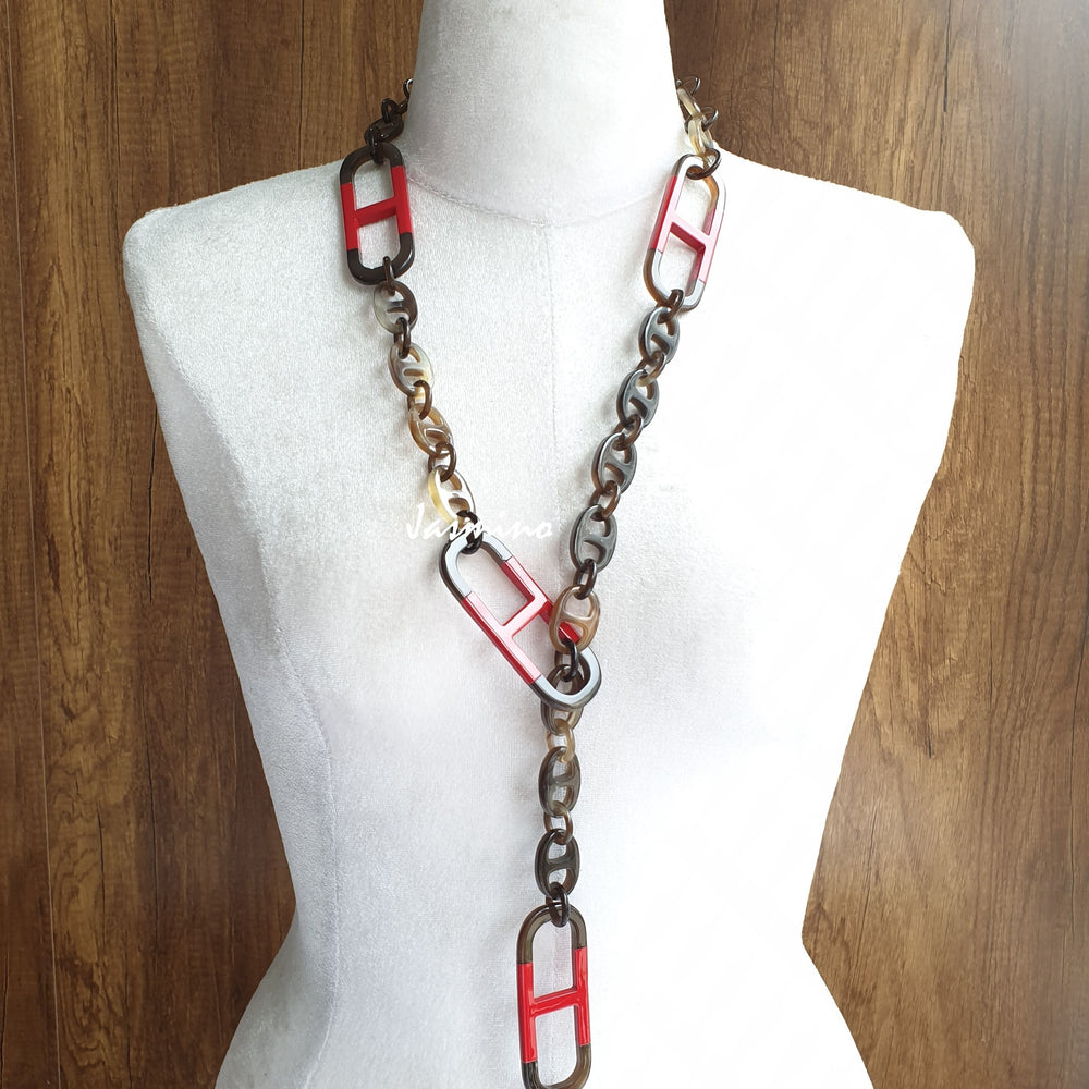 
                  
                    Jasmino unique handmade Vintage chain link necklace jewelry features brown and red in natural buffalo horn for women
                  
                