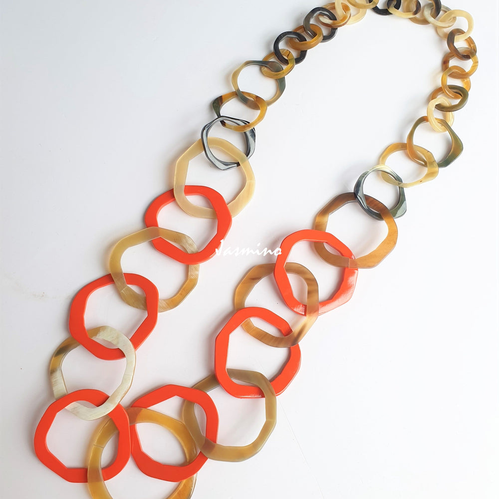 
                  
                    Jasmino unique handmade Minimalist Vintage geometric circle chain link necklace features brown and orange in natural buffalo horn on Thanksgiving
                  
                