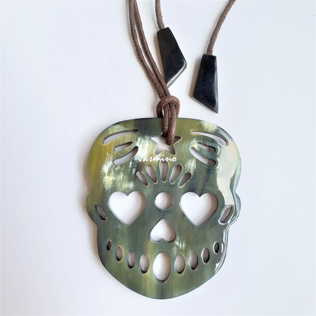 Jasmino unique skull pendant feature greyish green made of natural buffalo horn for women and men and Halloween