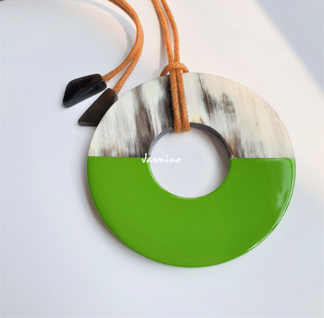 Unique handmade Vintage pendant features Yin and Yang symbol with green made of natural buffalo horn