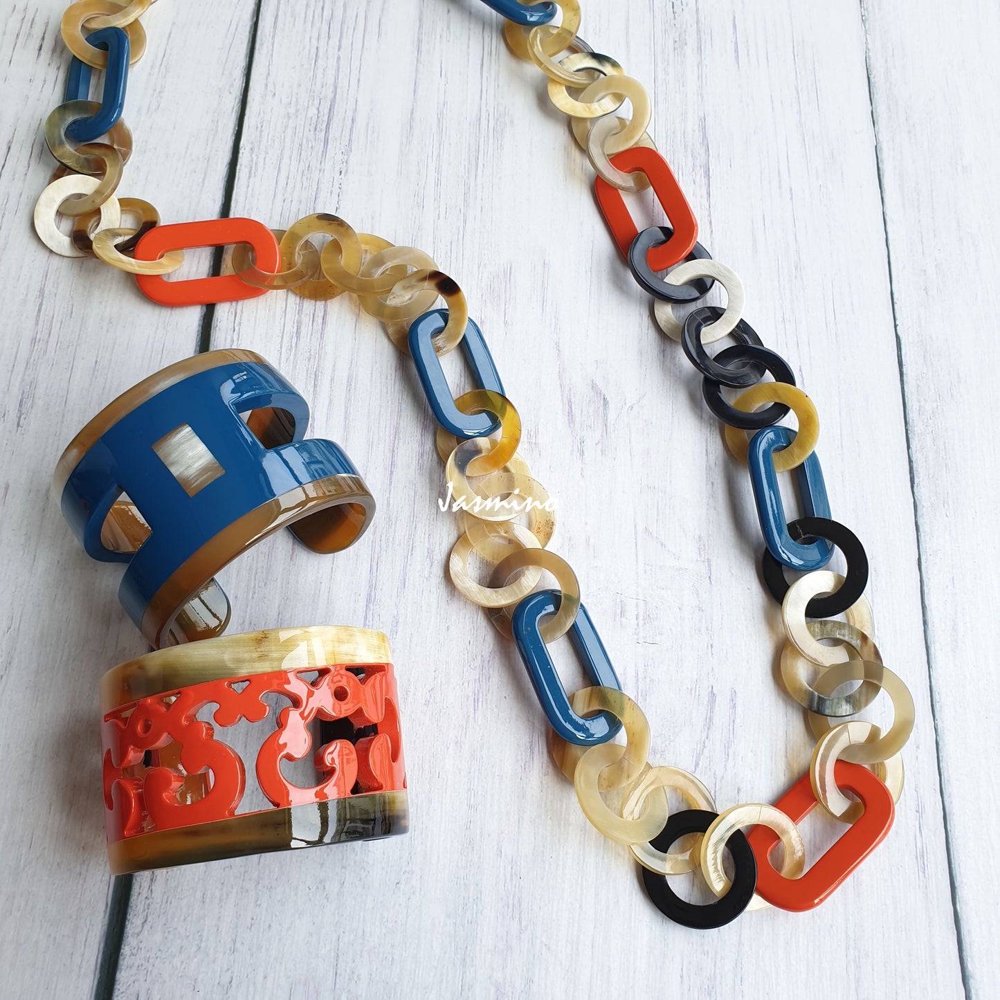 A set of unique handmade Vintage cuff bracelet and chain link necklace for women in natural buffalo horn