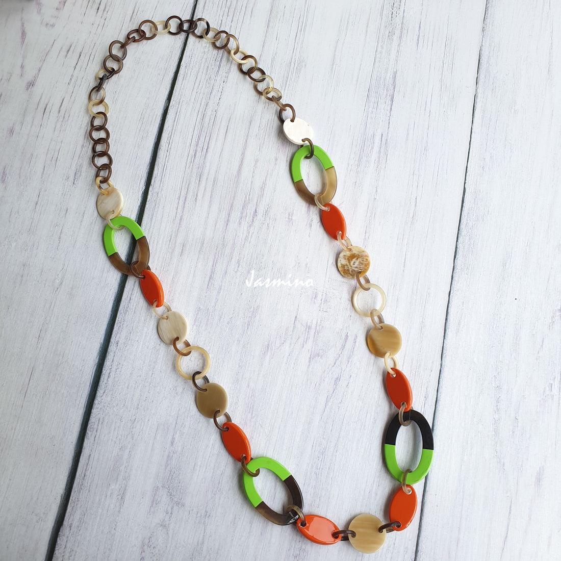Jasmino unique handmade Vintage chain link necklace jewelry features brown, lime green, orange, and white in natural buffalo horn for women