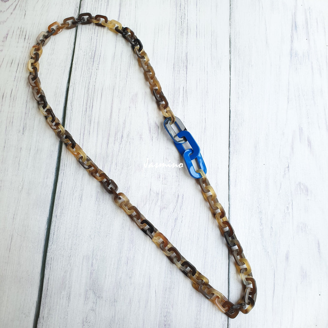 Jasmino unique handmade Vintage rectangle chain link features blue and brown in natural buffalo horn for women