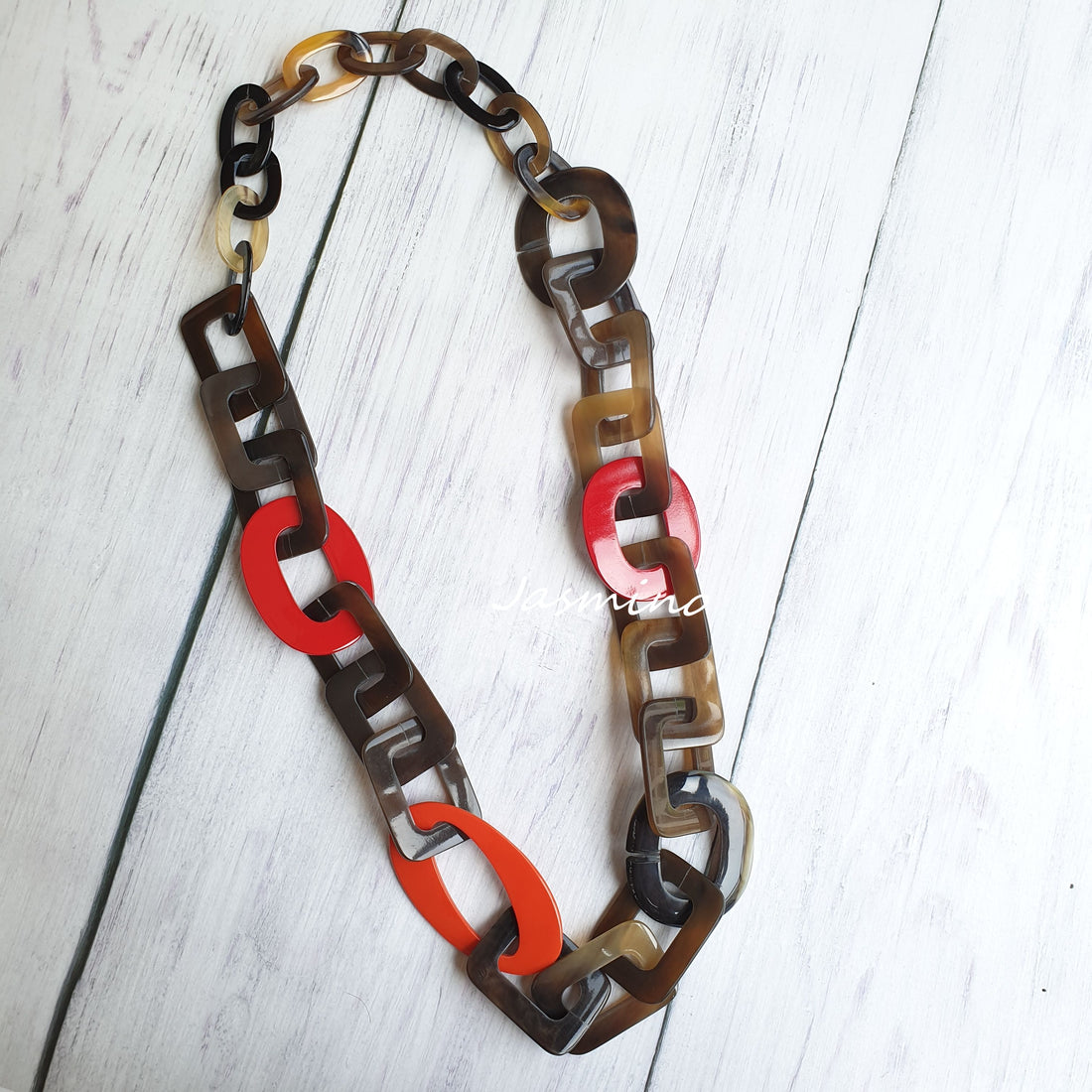 Jasmino unique handmade Vintage rectangle chain necklace features brown and red in natural buffalo horn for women