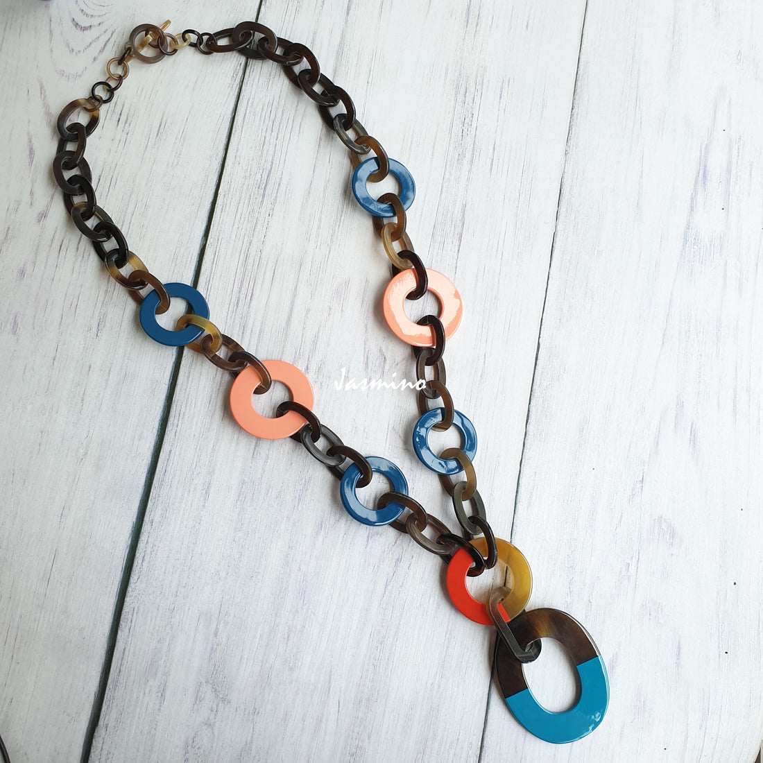 Jasmino unique handmade wide chain necklace features blue, coral, brown, and coral in natural buffalo horn for women