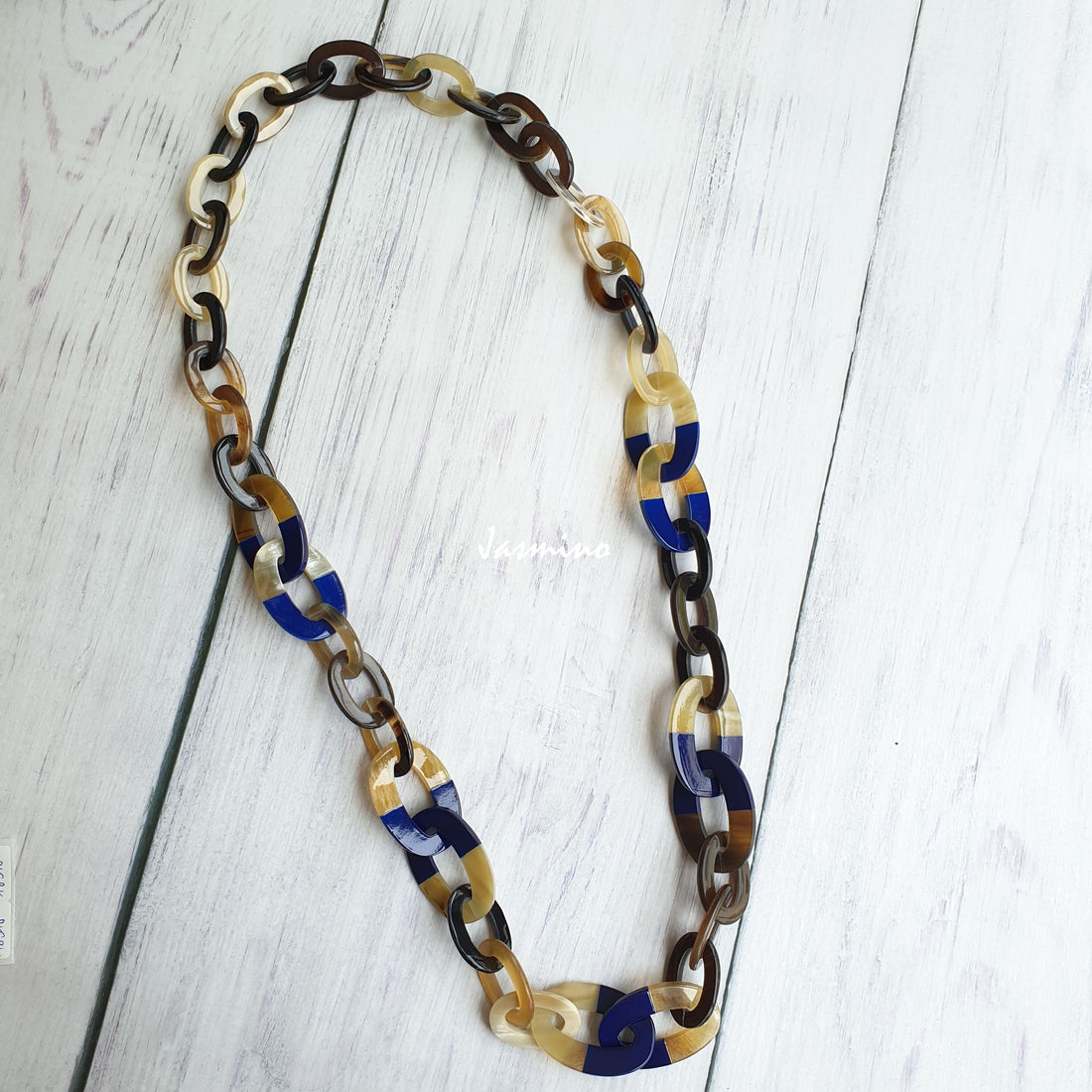 Jasmino unique handmade chain necklace is detailed by blue and brown in natural buffalo horn for women