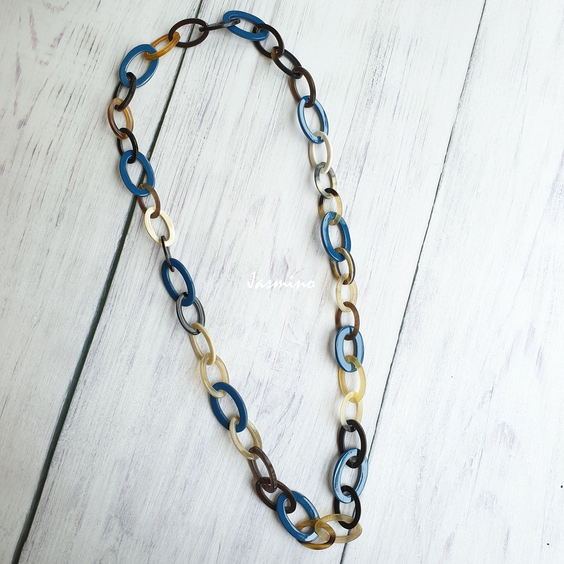 Jasmino unique handmade Vintage small chain necklace features blue and brown in natural buffalo horn for women