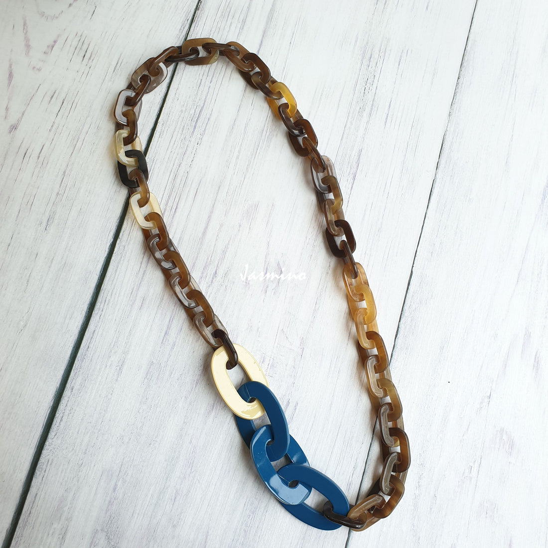 Jasmino unique handmade Vintage chain necklace features blue and brown in natural buffalo horn for women