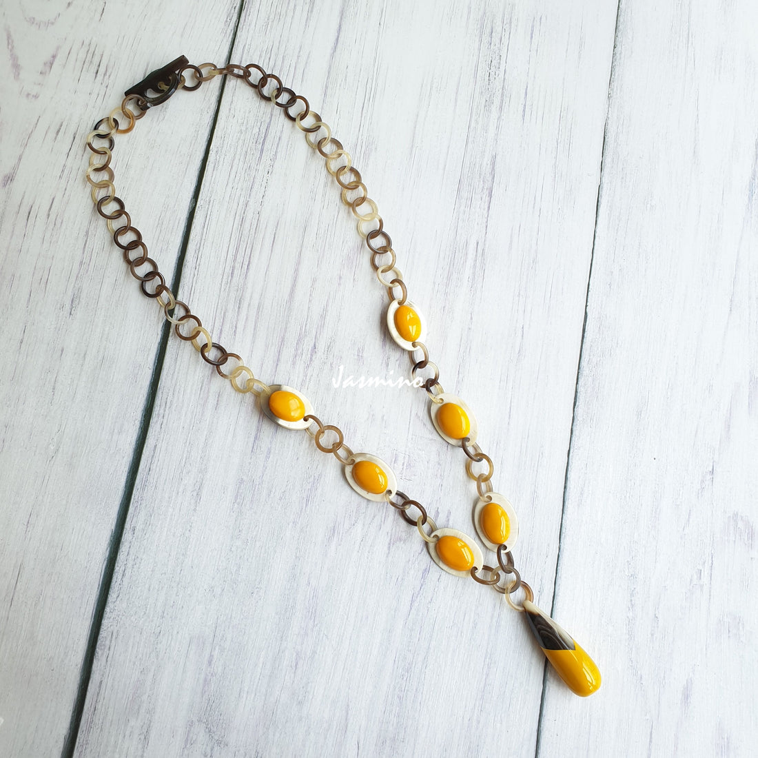 Jasmino unique handmade Vintage egg shaped chain necklace features yellow in natural buffalo horn for Thanksgiving