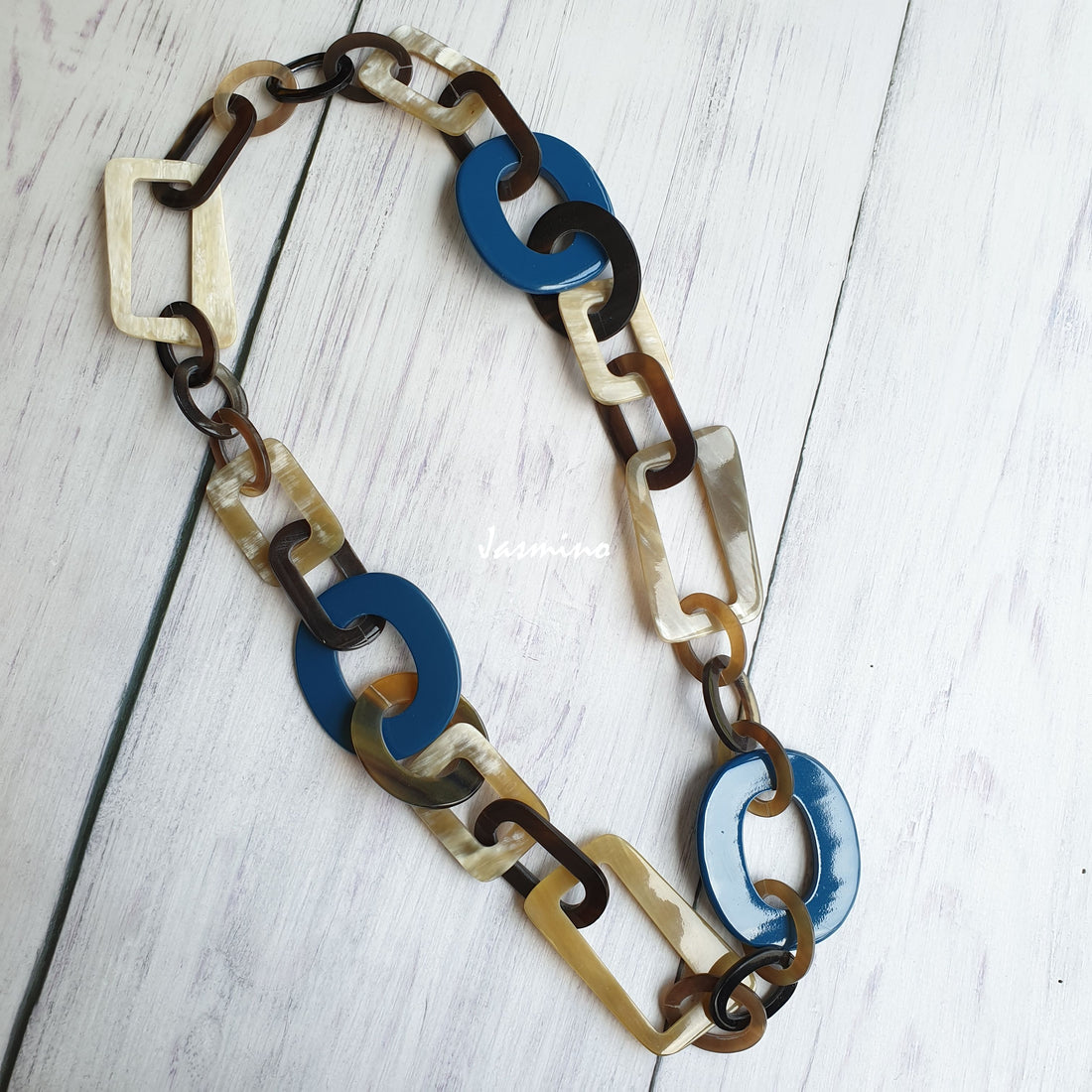 Jasmino unique handmade Vintage wide blue chain necklace is shaped by a circle and rectangle in natural buffalo horn for women
