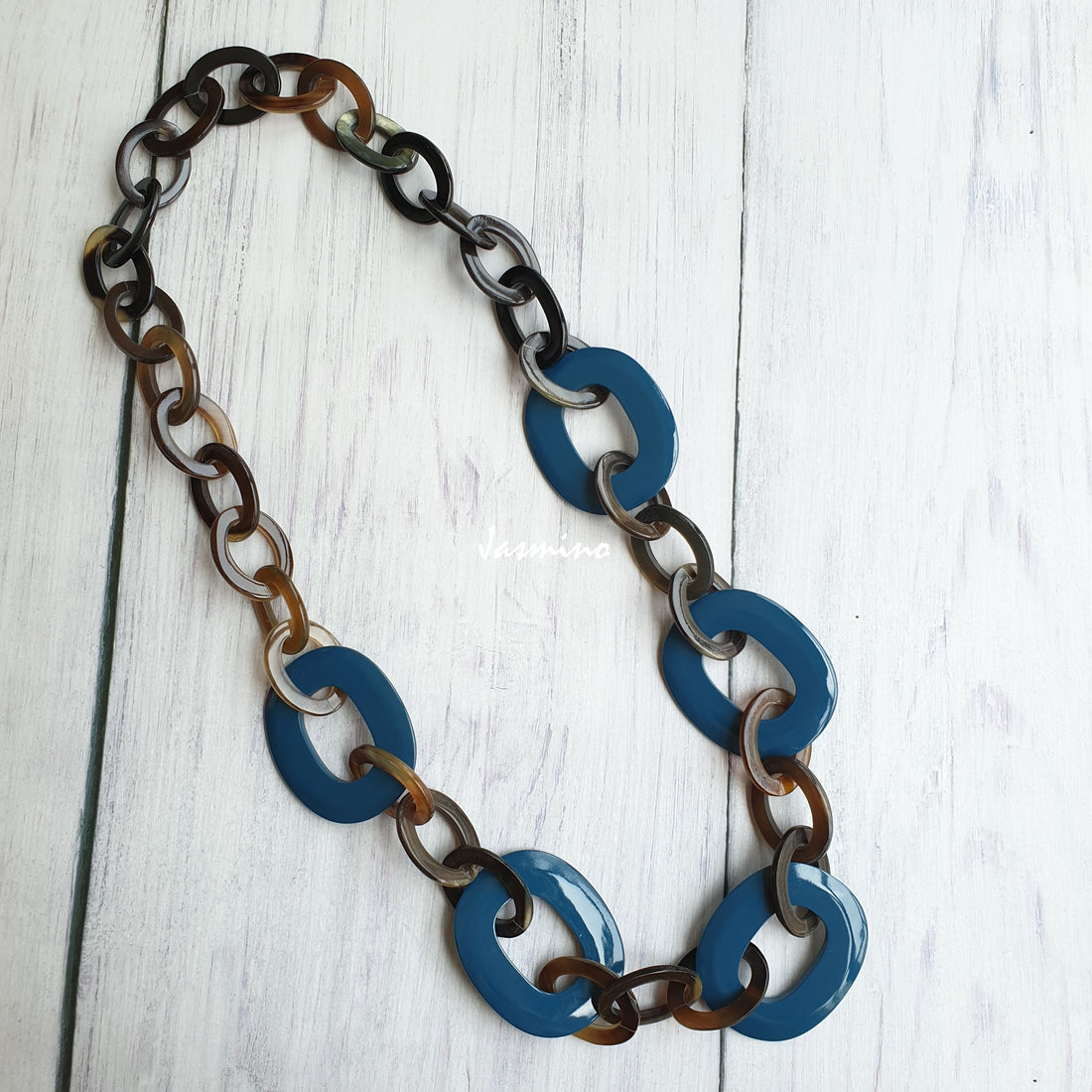 Jasmino unique handmade wide chain necklace features large blue ovals in natural buffalo horn for women