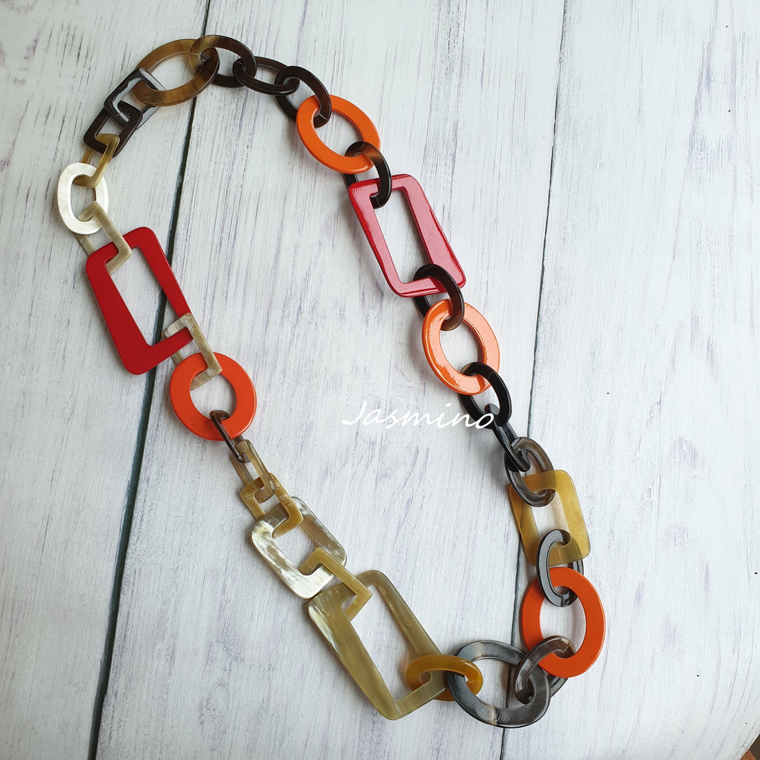 Jasmino unique handmade Bohemian Vintage wide chain link features black, brown, red, orange, and white in natural buffalo horn for women on festivals