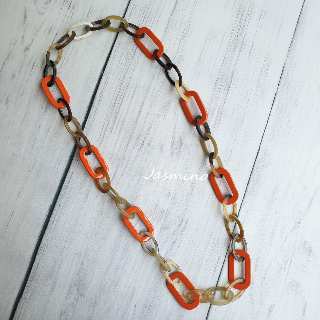 Jasmino unique handmade rectangle chain link necklace features brown and orange in natural buffalo horn for women for Thanksgiving's gifts