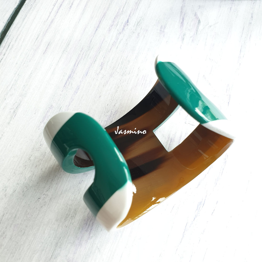 Unique handmade Vintage H shaped cuff bracelet features green and white in natural buffalo horn for women
