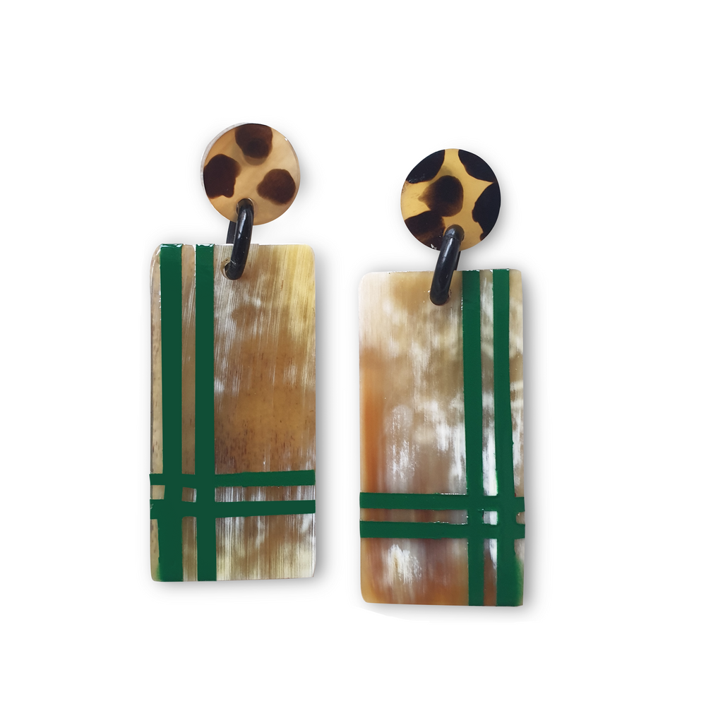 
                  
                    trendy spotted leopard rectangle drop earrings are detailed by a green stripe rectangle in natural buffalo horn for Christmas gifts 2022
                  
                