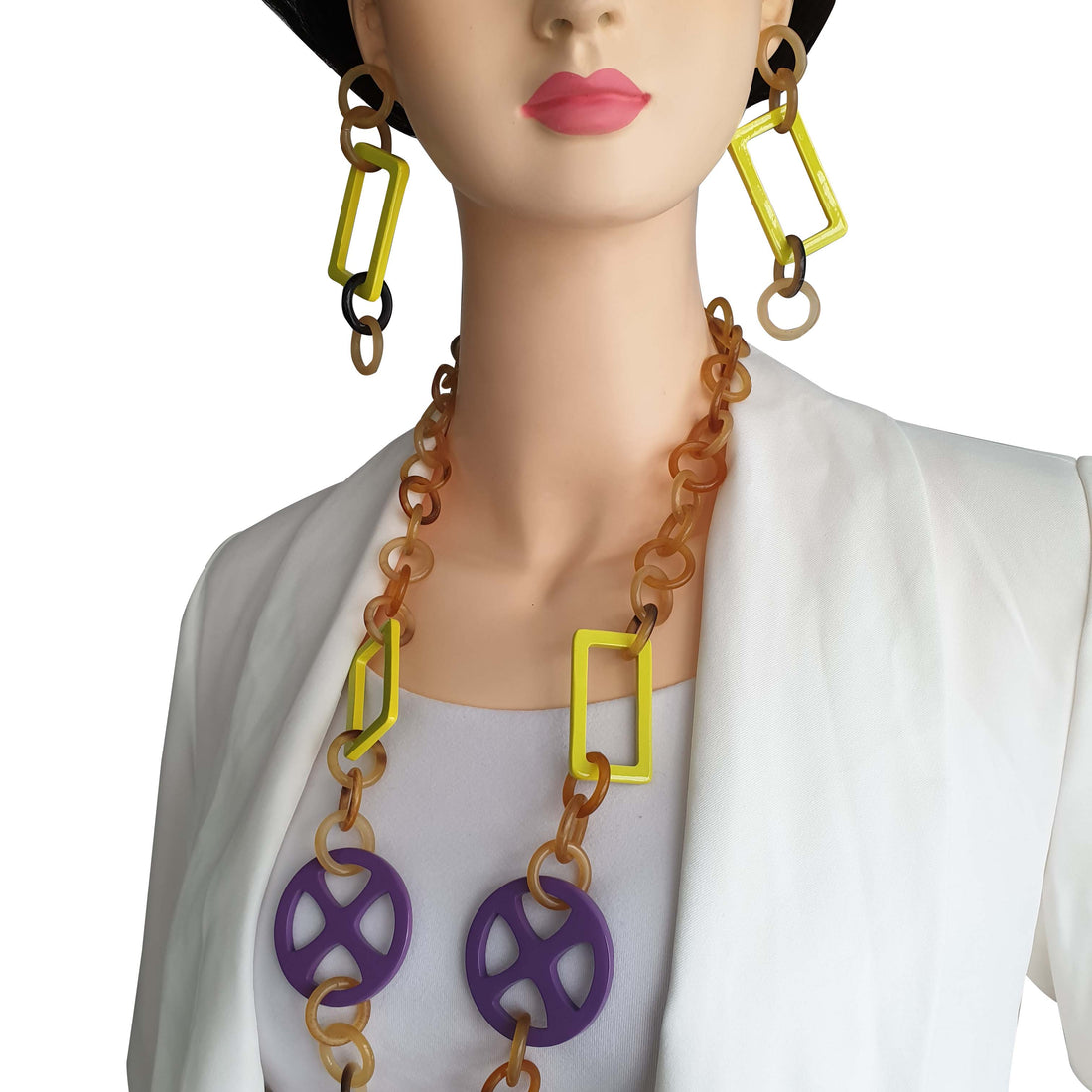 Best Handmade Jewelry Gift Rectangular Horn Chain Link Earrings J18439