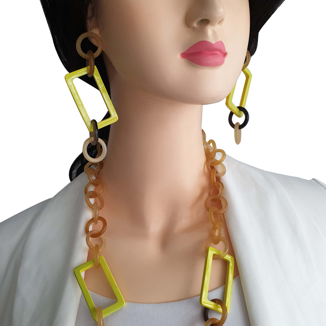 Best Handmade Jewelry Gift Rectangular Horn Chain Link Earrings J18439