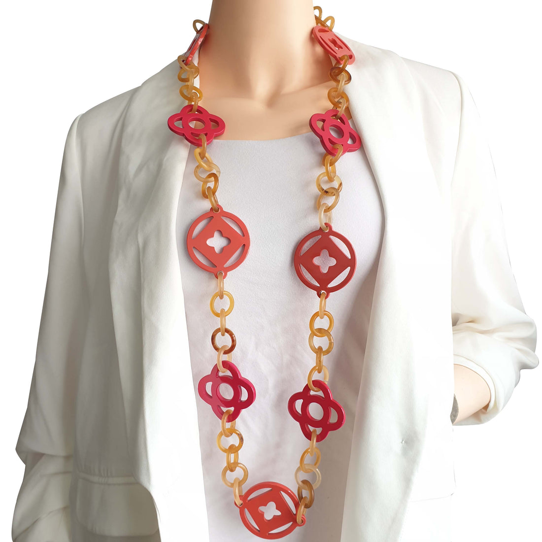 unique trendy chain link necklace features pink in natural buffalo horn