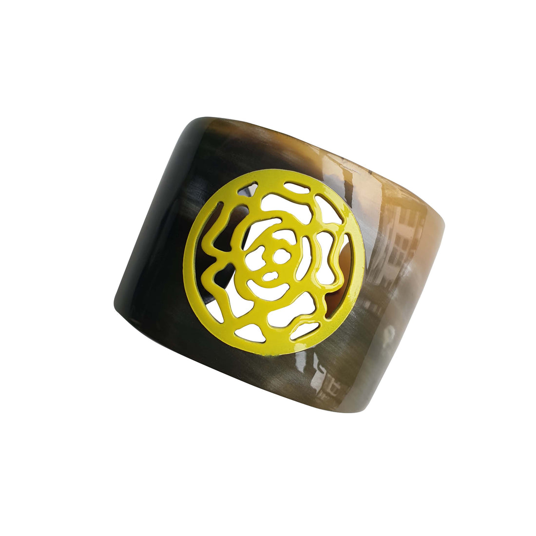 green horn cuff bracelet features a floral center and a combination of yellow and black in natural buffalo horn