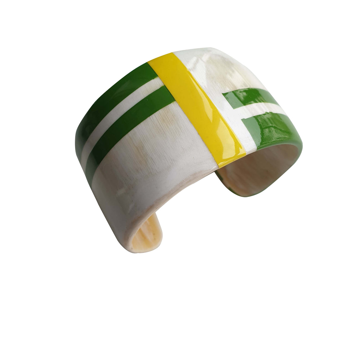 Bright horn jewelry cuff bracelet features white, green, and yellow