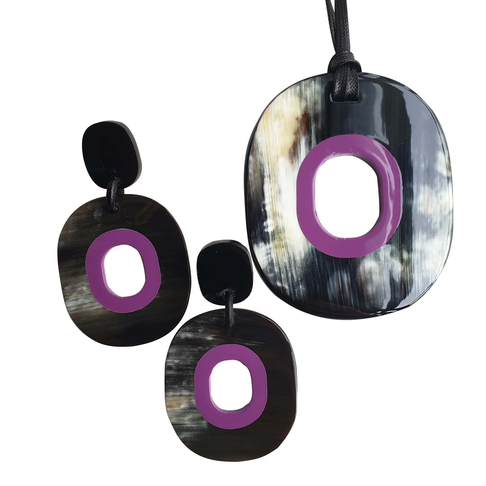 
                  
                    unique handmade drop earrings and pendant feature black in natural buffalo horn
                  
                