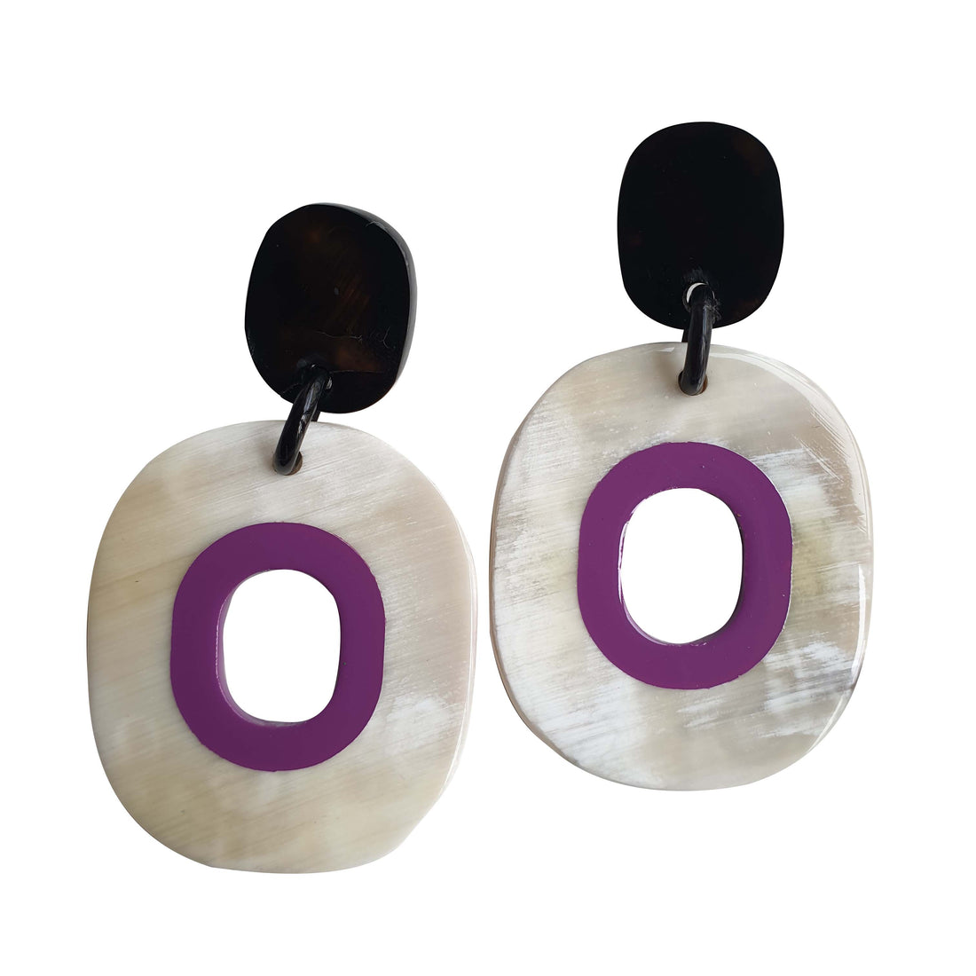 unique handmade drop earrings feature bright colour in natural buffalo horn