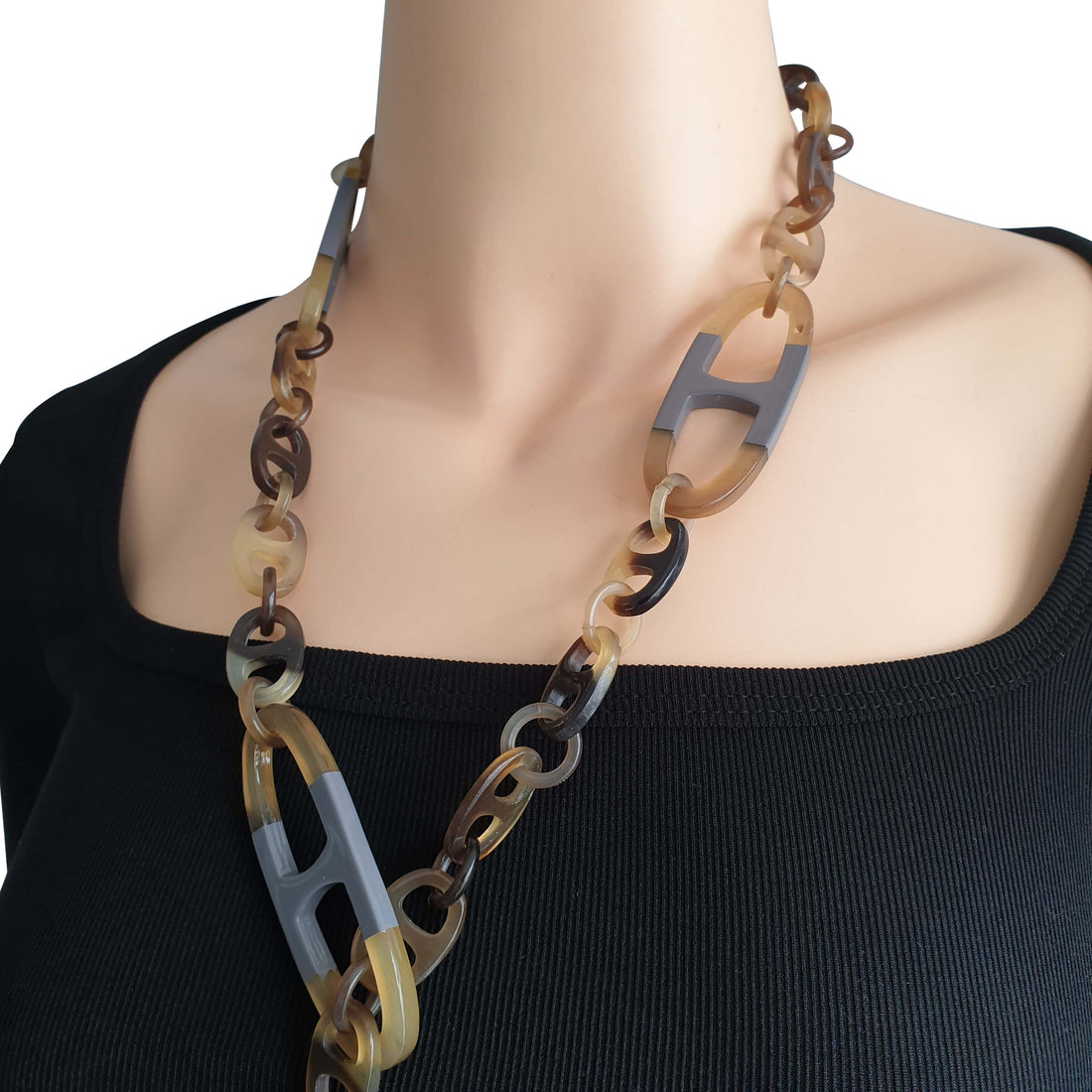 grey handmade D-shaped chain link necklace in natural buffalo horn